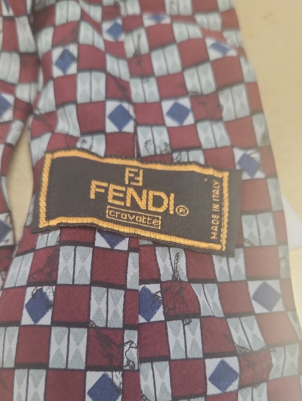 Fendi Checkerboard Silk Tie in Burgundy and Blue